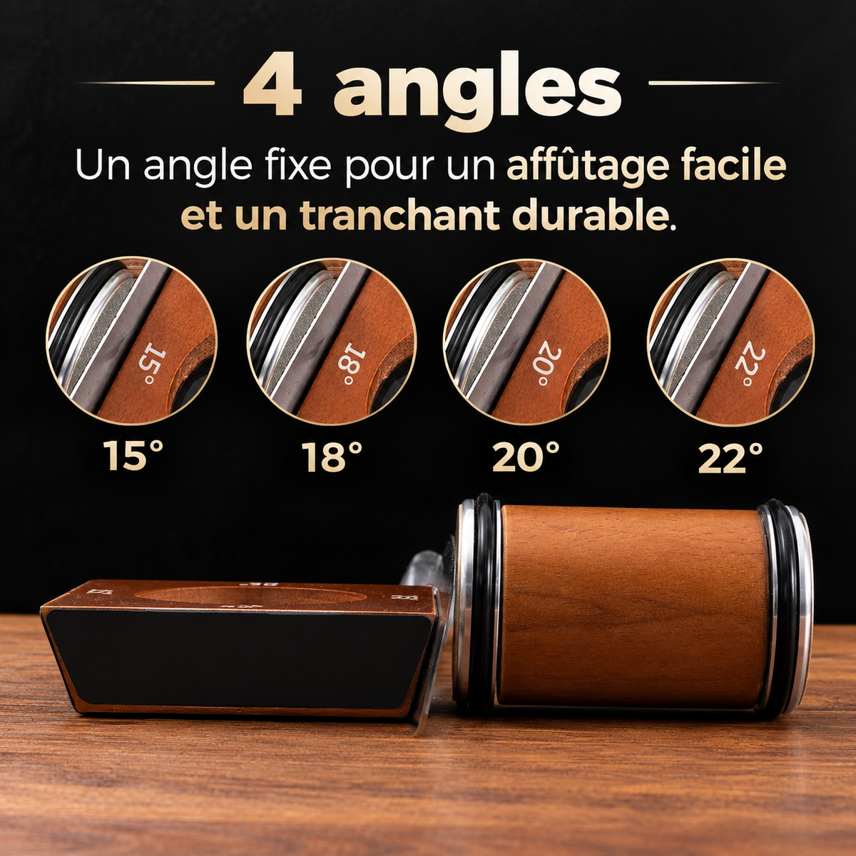 Aiguiseur KUTO posé sur un plan de travail avec un couteau de cuisine